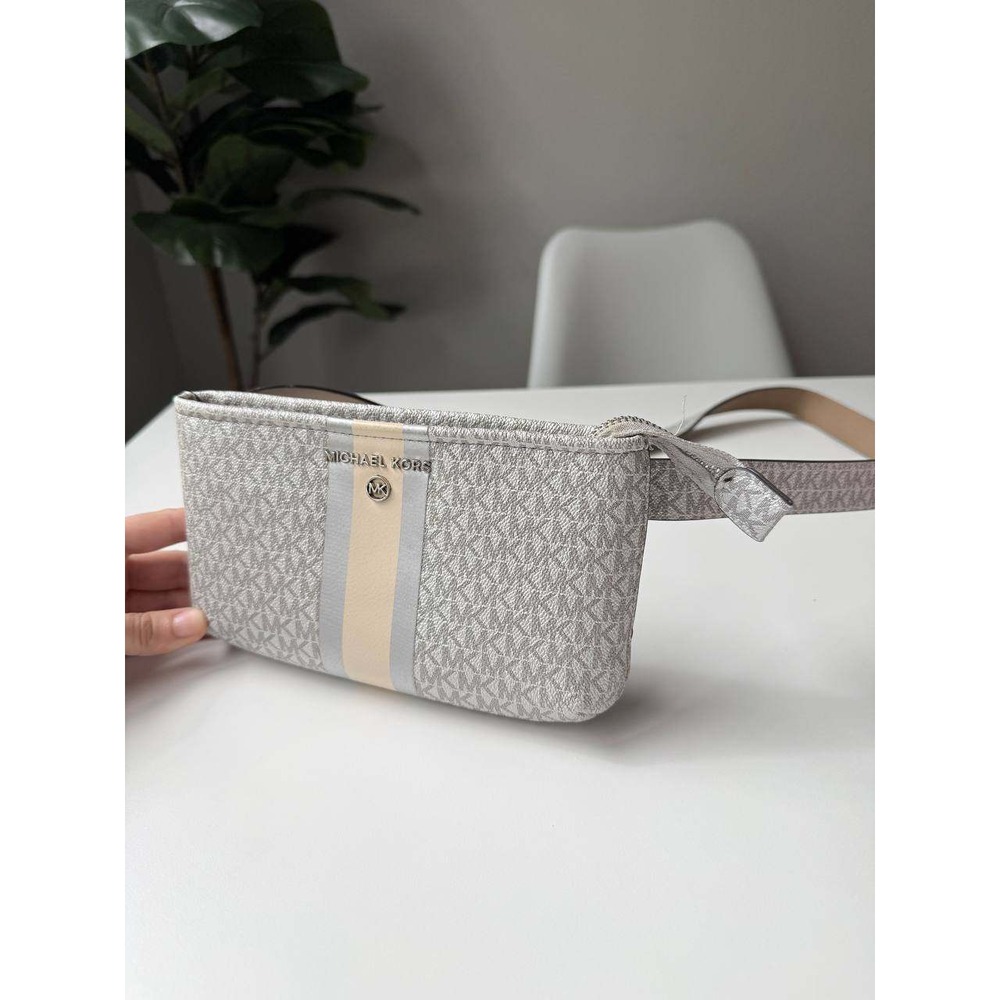 Michael Kors Grey Signature Logo Belt Bag Fanny Pack Silver Stripe L/XL 556346